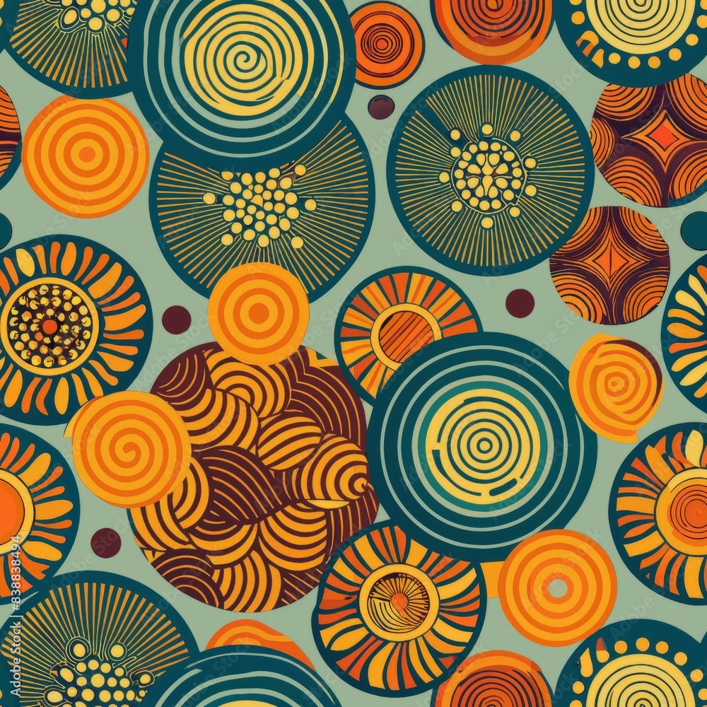 Fototapeta premium Seamless pattern of circles with abstract patterns and textures, creating a visually dynamic and engaging design, Generative AI