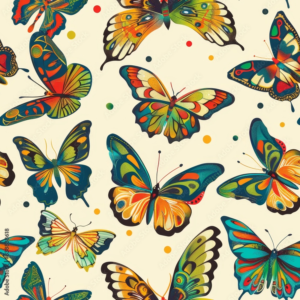 seamless Colorful Butterfly Pattern with Polka Dots on Beige Background seamless Colorful Butterfly Pattern with Polka Dots on Beige Background