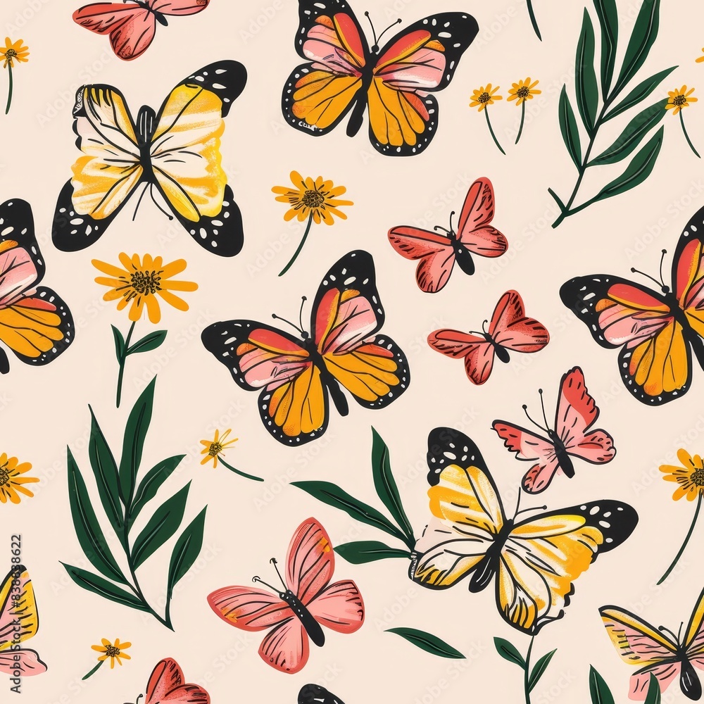 Fototapeta premium seamless Yellow and Pink Butterfly Pattern with Floral Elements