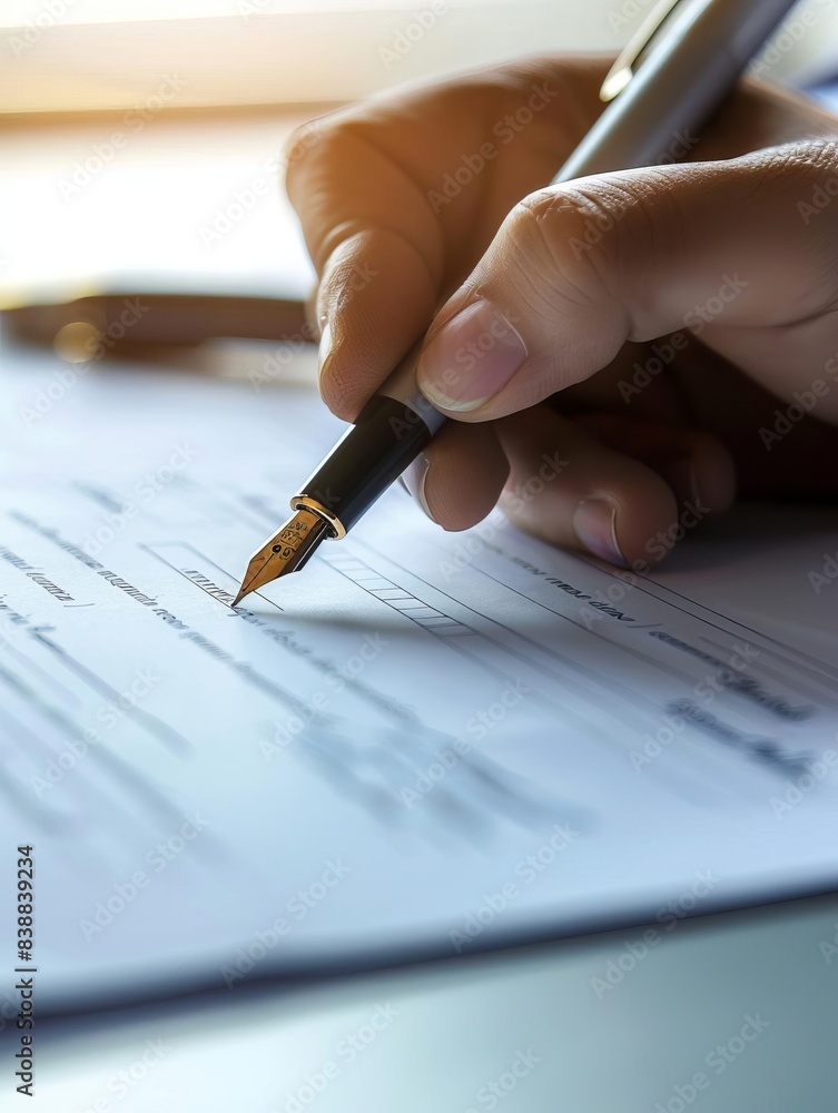 Business contract being signed, close-up shot, high-definition, soft natural light, detailed pen and paper, professional and formal Business contract being signed, close-up shot, high-definition, soft natural light, detailed pen and paper, professional and formal