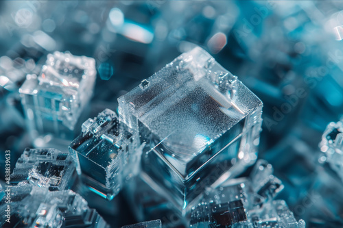 A close-up of pure silicon crystals with a background of various semiconductor devices, highlighting silicon's role in modern electronics.. AI generated.