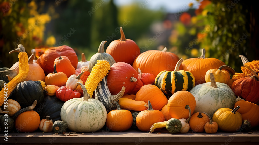 Piles of pumpkins, apples, squash, and other autumn produce background, Photo shot, Natural light day Piles of pumpkins, apples, squash, and other autumn produce background, Photo shot, Natural light day