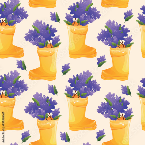 Yellow rubber children's boot with a bouquet of lilac flowers. Autumn or spring floral arrangement. Vector seamless cartoon pattern.