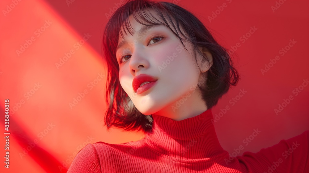 Young woman in red sweater posing against red background. Young woman in red sweater posing against red background.