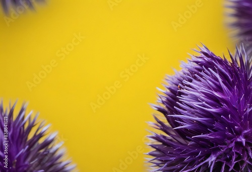 Purple thistle flower against a bright yellow background