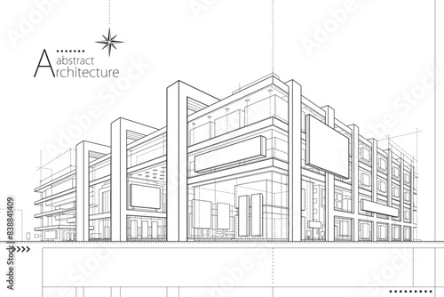 3D illustration of abstract modern urban landscape line drawing, imaginative architecture building construction perspective design.