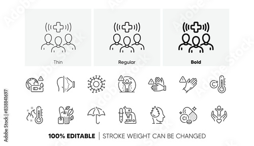 Coronavirus, High thermometer and Face id line icons. Pack of Umbrella, Celsius thermometer, Use gloves icon. Chlorine mineral, Covid test, Microscope pictogram. Volunteer, Dont touch. Vector