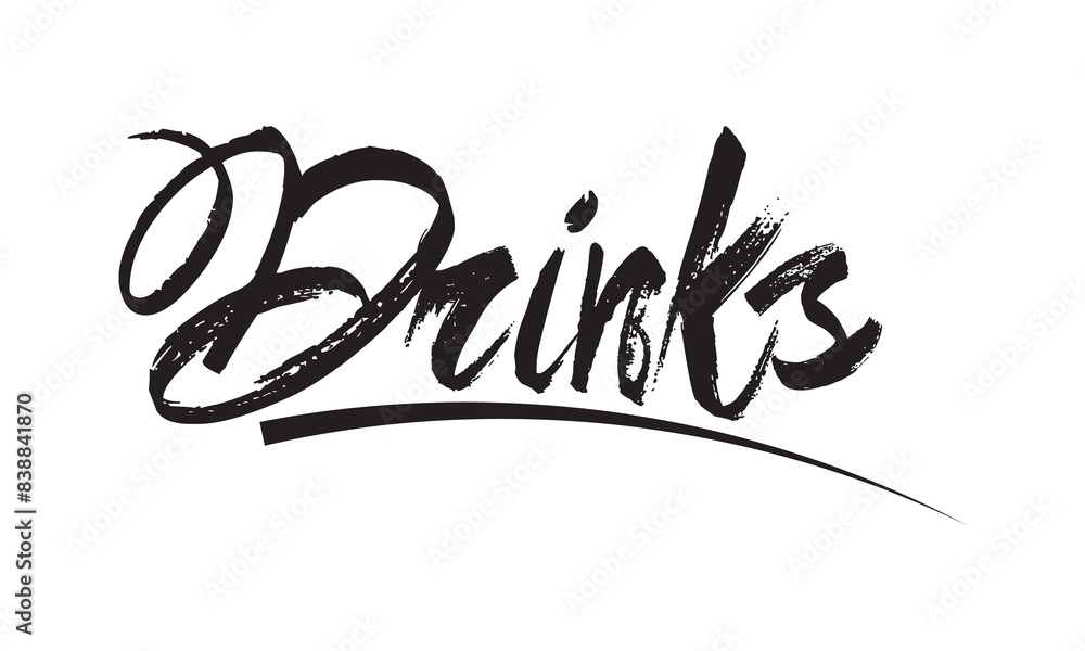 Drinks, hand drawn calligraphy logo. Modern handwritten brush lettering design. Drinks - text composition. Vector typography. isolated on white and black background. EPS10 Drinks, hand drawn calligraphy logo. Modern handwritten brush lettering design. Drinks - text composition. Vector typography. isolated on white and black background. EPS10