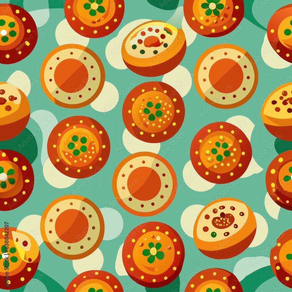Fototapeta premium Seamless pattern of circles with food-inspired motifs like fruits and vegetables, perfect for wrapping gifts for food enthusiasts, Generative AI