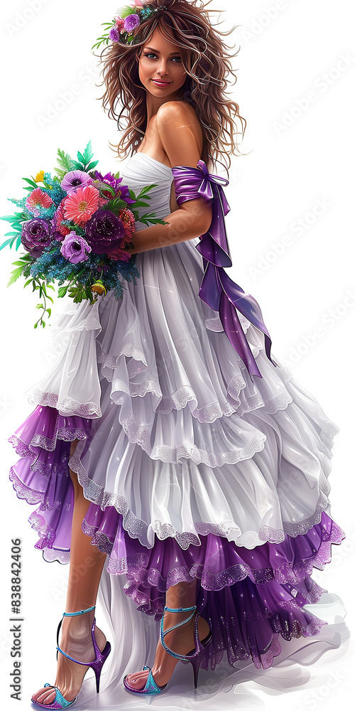 A woman in a white dress holding a bouquet of flowers. The dress is long and purple, and the flowers are colorful. The woman is elegant and poised, and the scene conveys a sense of beauty and grace A woman in a white dress holding a bouquet of flowers. The dress is long and purple, and the flowers are colorful. The woman is elegant and poised, and the scene conveys a sense of beauty and grace