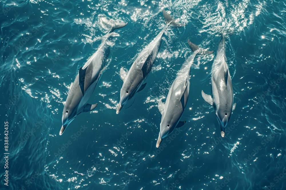 Fototapeta premium Topview drone shot, a scene of playful dolphins soaring above breaking waves, embodying the essence of sea life and the splendor of marine animals in their natural environment.