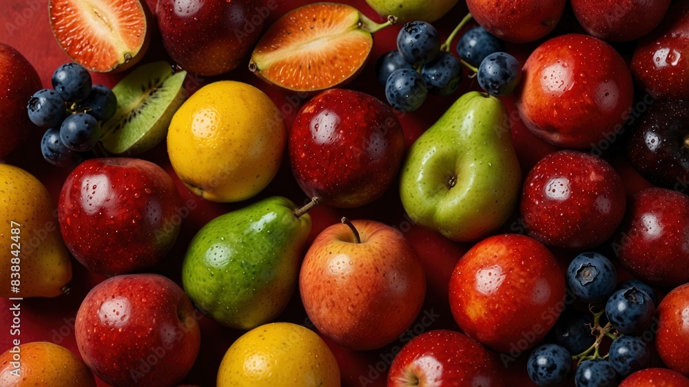 Assorted summer fruits on a vibrant red background Assorted summer fruits on a vibrant red background