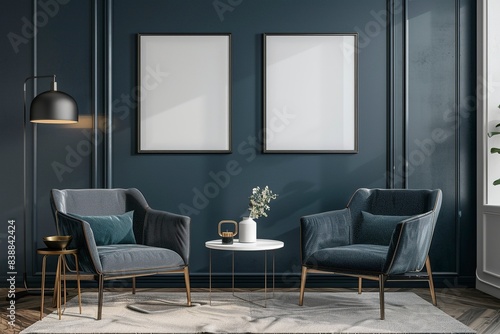 Blue living room wall background, with gray decorative chairs, lamp frame center table and poster style. HD, realistic, copy space, Generative ai