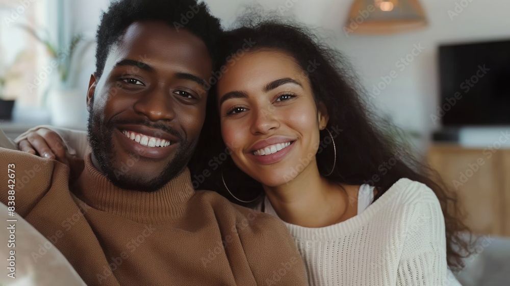 Cheerful multiracial couple, sitting on sofa, living room, relaxed, loving expressions, cozy atmosphere, casual attire, happiness. Cheerful multiracial couple, sitting on sofa, living room, relaxed, loving expressions, cozy atmosphere, casual attire, happiness.