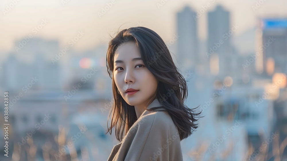 Fototapeta premium Professional Korean Model in Cityscape Background, Professional, Korean model, cityscape