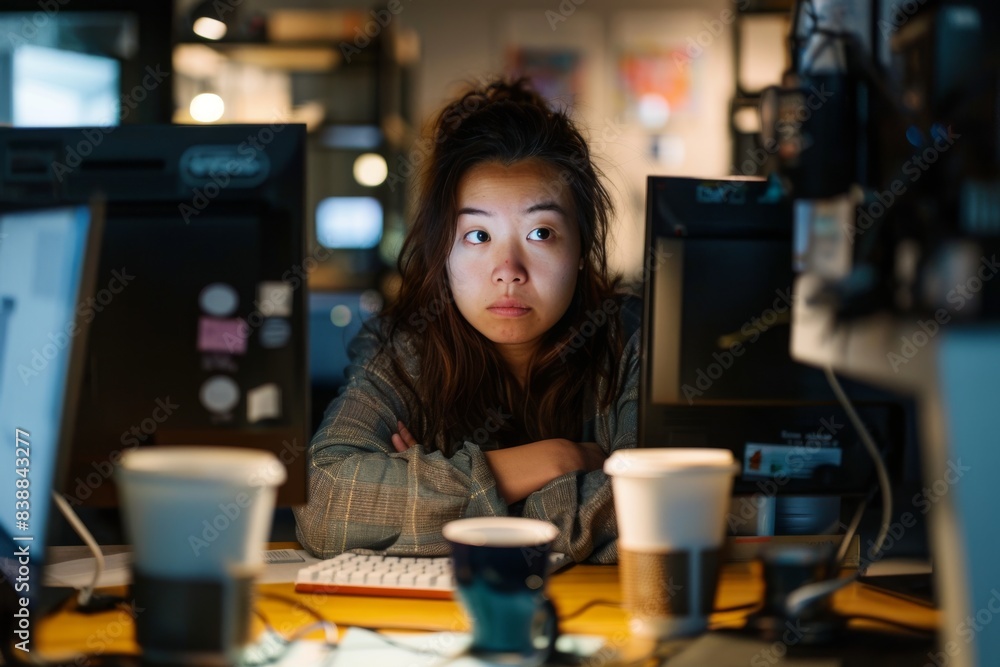A freelancer staring blankly at a computer screen, surrounded by empty coffee cups A freelancer staring blankly at a computer screen, surrounded by empty coffee cups