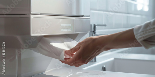 Close up of a woman's hand using an electric paper towel machine in a public bathroom. A closeup of the arm and water product being printed onto hands, in the style of a stock photo, in a minimalist s photo