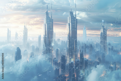 Futuristic Skyscrapers in a Misty Cityscape © Trichaiwat