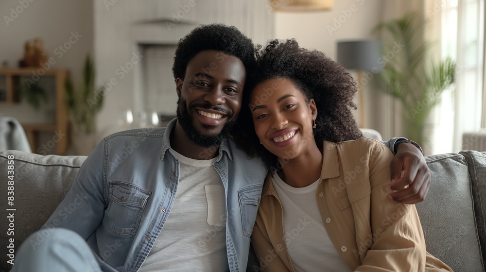 Obraz premium Cheerful multiracial couple, sitting on sofa, living room, relaxed, loving expressions, cozy atmosphere, casual attire, happiness.