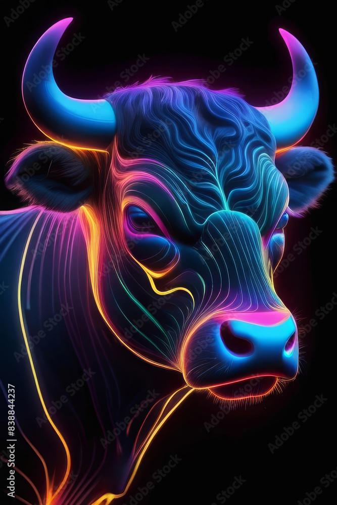 Neon glowing bull animal isolated on dark background Neon glowing bull animal isolated on dark background