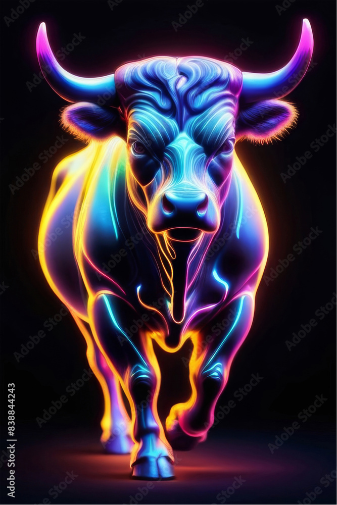 Neon glowing bull animal isolated on dark background Neon glowing bull animal isolated on dark background