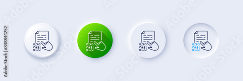 Qr code line icon. Neumorphic, Green gradient, 3d pin buttons. Scan barcode sign. Certificate document symbol. Line icons. Neumorphic buttons with outline signs. Vector