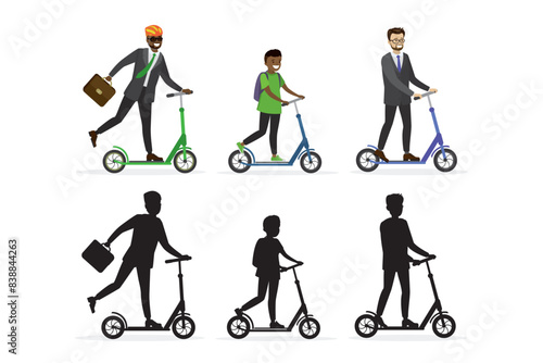 Collection of male characters riding scooters isolated on white background. Set of men on modern personal vehicles and black silhouettes. Businessman on kick scooter.