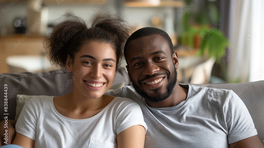 Fototapeta premium Cheerful multiracial couple, sitting on sofa, living room, relaxed, loving expressions, cozy atmosphere, casual attire, happiness.