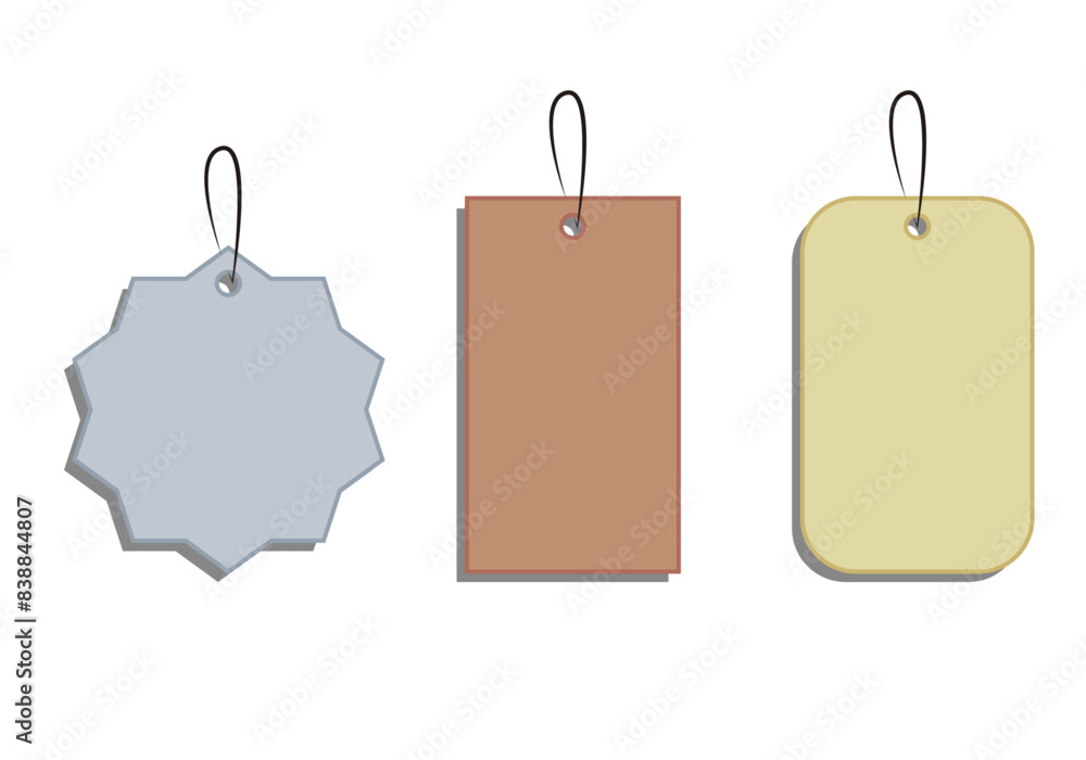 Etiquetas vacías de productos de color gris, naranja y verde.