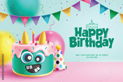 Happy birthday greeting vector design. Birthday greeting text with cute cake character cartoon, balloons and pennants decoration for invitation card background. Vector illustration birthday invitation