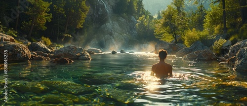 A person taking a refreshing dip in a mountain stream, with clear, cool water photo