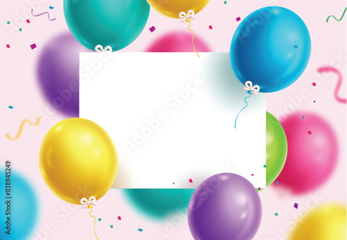 Birthday invitation card vector template design. Birthday greeting in white board empty space for typography with colorful balloons inflatable for party invitation card template. Vector illustration 