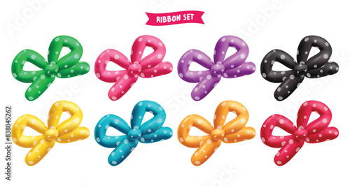 Birthday ribbon balloons elements vector set design. Birthday 3d ribbons inflatable balloon colorful bow tie isolated in white background for party element collection. Vector illustration ribbon 