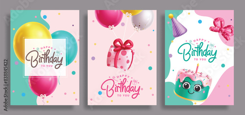 Birthday greeting vector poster set design. Happy birthday text in simple elegant template collection for party invitation card background. Vector illustration birthday greeting design. 
