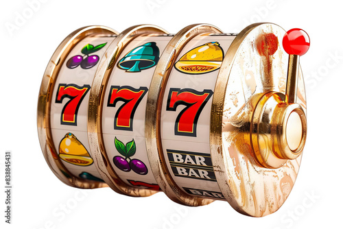 Colorful slot machine reels with winning combination of sevens and various symbols. Jackpot win concept in a traditional casino game.  isolated on a transparent background.