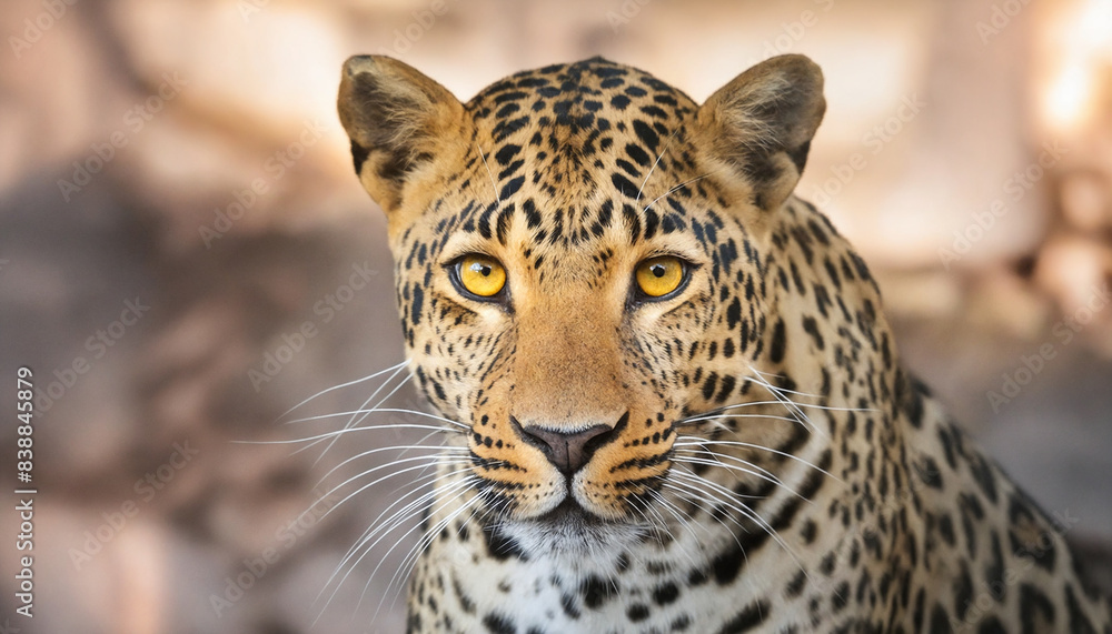 A striking portrait of a leopard with a piercing yellow eye highlighting its fierce and majestic presence A striking portrait of a leopard with a piercing yellow eye highlighting its fierce and majestic presence