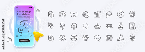 Artificial intelligence, Smile face and Medical mask line icons for web app. Phone mockup gradient screen. Pack of Business way, Face scanning, Partnership pictogram icons. Vector
