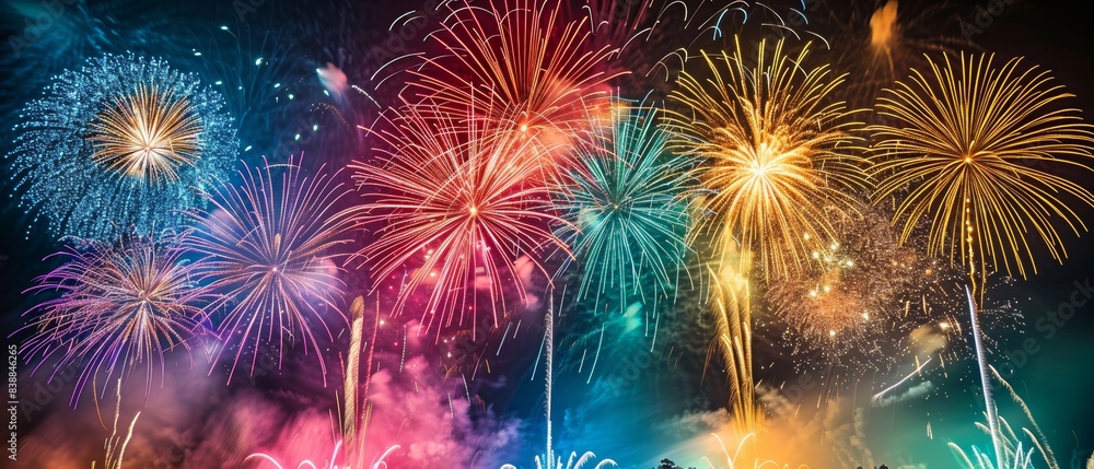 A dazzling fireworks display against a night sky, with bright colors bursting in patterns A dazzling fireworks display against a night sky, with bright colors bursting in patterns