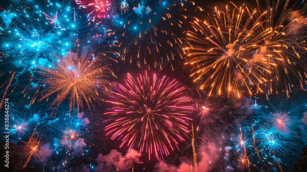 A dazzling fireworks display against a night sky, with bright colors bursting in patterns A dazzling fireworks display against a night sky, with bright colors bursting in patterns