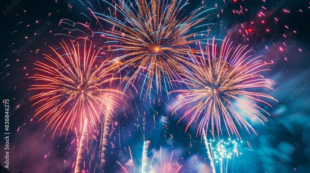 A dazzling fireworks display against a night sky, with bright colors bursting in patterns A dazzling fireworks display against a night sky, with bright colors bursting in patterns