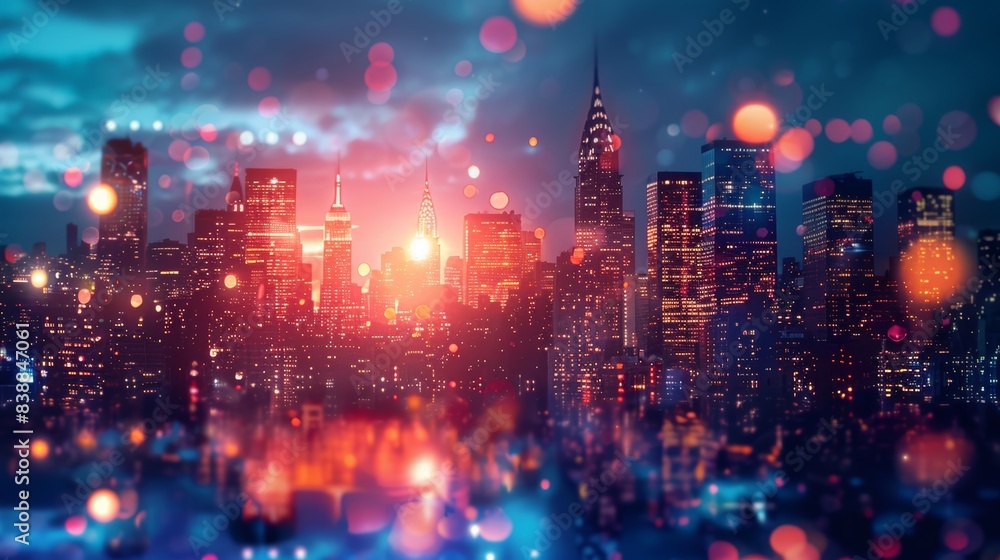 Fototapeta premium A bright cityscape at night with skyscrapers illuminated by thousands of lights, creating a vibrant scene