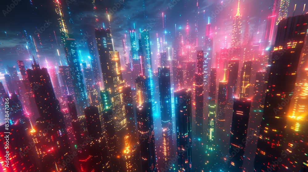 Obraz premium A bright cityscape at night with skyscrapers illuminated by thousands of lights, creating a vibrant scene