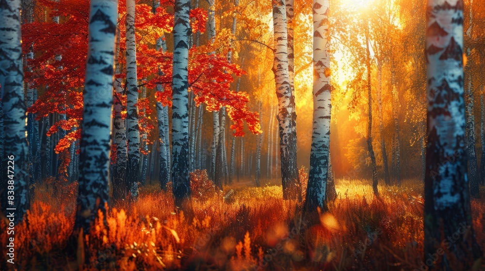 Fototapeta premium A bright autumn forest with leaves in shades of red, orange, and yellow, illuminated by sunlight