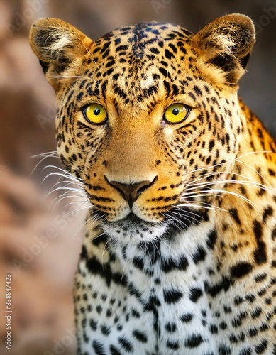 A striking portrait of a leopard with a piercing yellow eye highlighting its fierce and majestic presence