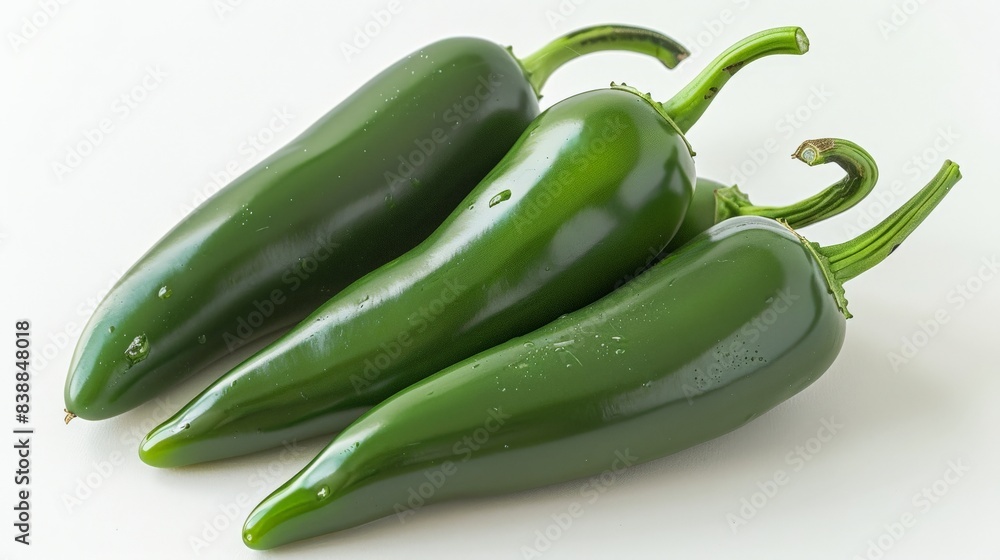 Fresh jalape peppers arranged on a white background, emphasizing their vibrant green color Fresh jalape peppers arranged on a white background, emphasizing their vibrant green color