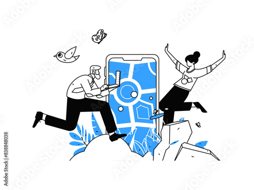 People exercising healthy running vector internet operation illustration
