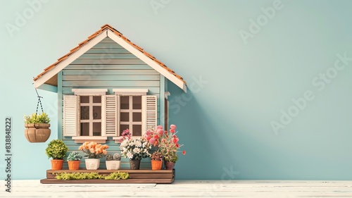 A charming tiny house model with shutters and flower pots, isolated on a light background with free copy space for text