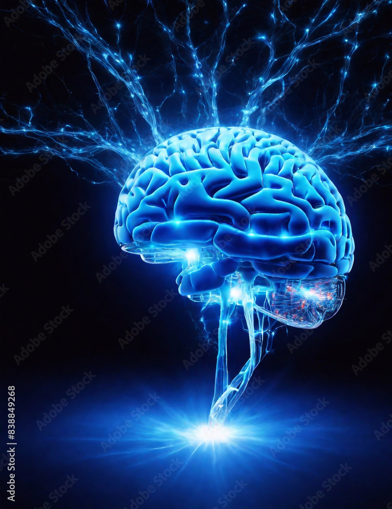ai brain with electrical impulses coming from it the brain should be by itself and floating in mid air with a single stem coming from below at the end of the stem a bright blue impulse ai brain with electrical impulses coming from it the brain should be by itself and floating in mid air with a single stem coming from below at the end of the stem a bright blue impulse