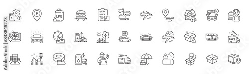 Place, Car wash and Fake news line icons. Pack of Vip transfer, Gps, Parking icon. Flight time, Baggage, Home charging pictogram. Bicycle, Delivery warning, Food delivery. Bus tour. Line icons. Vector