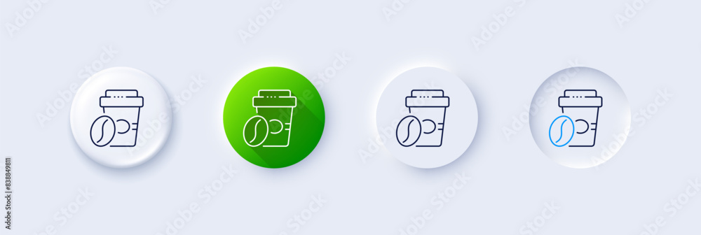 Takeaway coffee line icon. Neumorphic, Green gradient, 3d pin buttons. Hot latte sign. Tea drink mug symbol. Line icons. Neumorphic buttons with outline signs. Vector Takeaway coffee line icon. Neumorphic, Green gradient, 3d pin buttons. Hot latte sign. Tea drink mug symbol. Line icons. Neumorphic buttons with outline signs. Vector